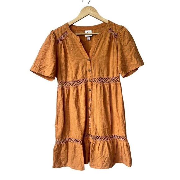 Knox Rose Dresses & Skirts - Knox Rose Eyelet Boho Tiered Short Sleeve Size M Cotton Yellow Summer Mini Dress